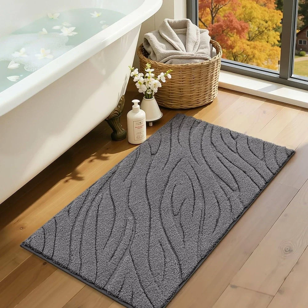 Grey Wavy Textured Microfiber Bath Mat Non-Slip Absorbent Rug 24x43in